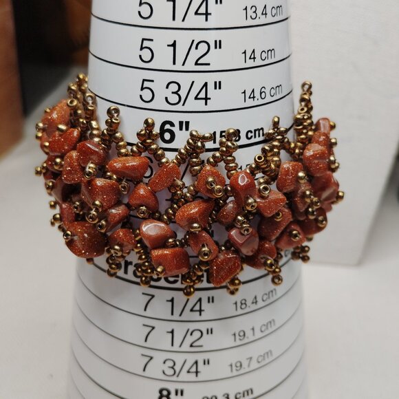 Artisan Bead‑Woven Goldstone Statement Bracelet - Picture 3 of 7
